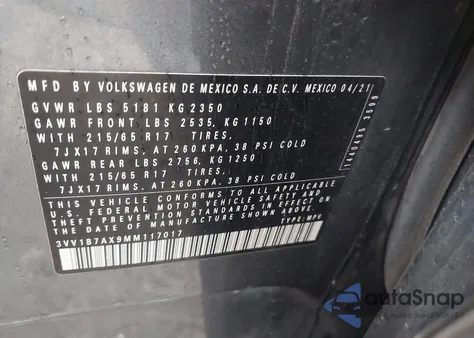 2021 Volkswagen Tiguan 2.0T S from USA, damaged, VIN 3VV1B7AX9MM117017